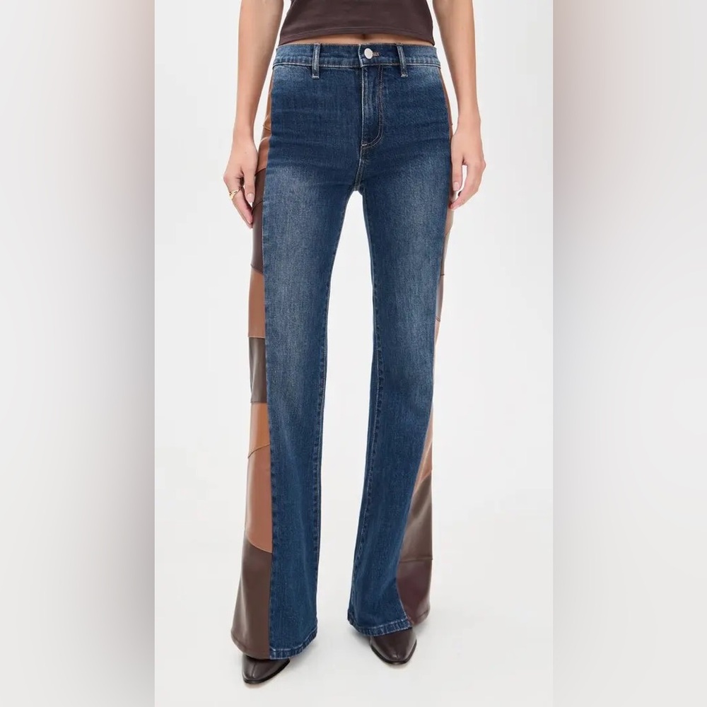 Alice + Olivia Faux Leather Patchwork High Rise Blue Flare Jeans - Picture 3 of 9